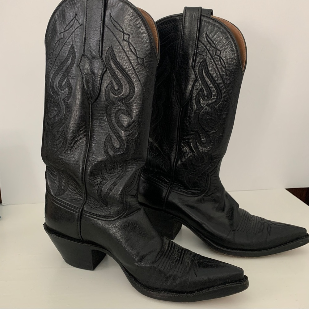 Classic Black Leather Western Heeled Boots - Women's